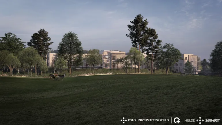 A large green field with trees and buildings in the background